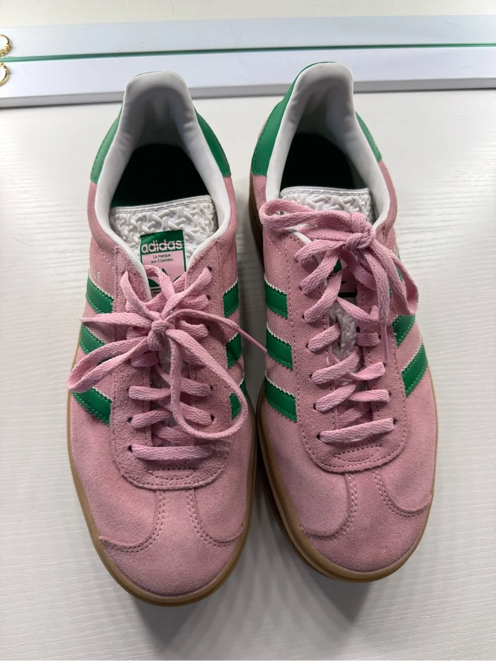 adidas Pink Suede Low-Top Sneakers with Green Stripes